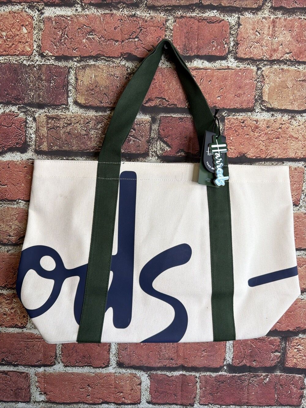HARRODS Cotton Green Blue White Logo Tote Bag With Inside Pocket NEW